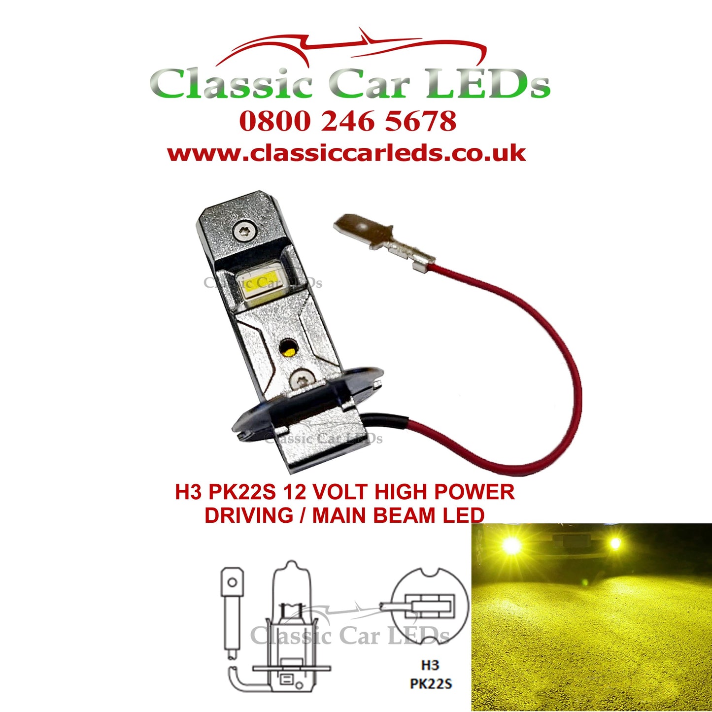 1x LED H3 453 P22S High power 12v Spot / Fog / Main Beam Bulb Cool White 6000k, Warm White 4300K or Yellow