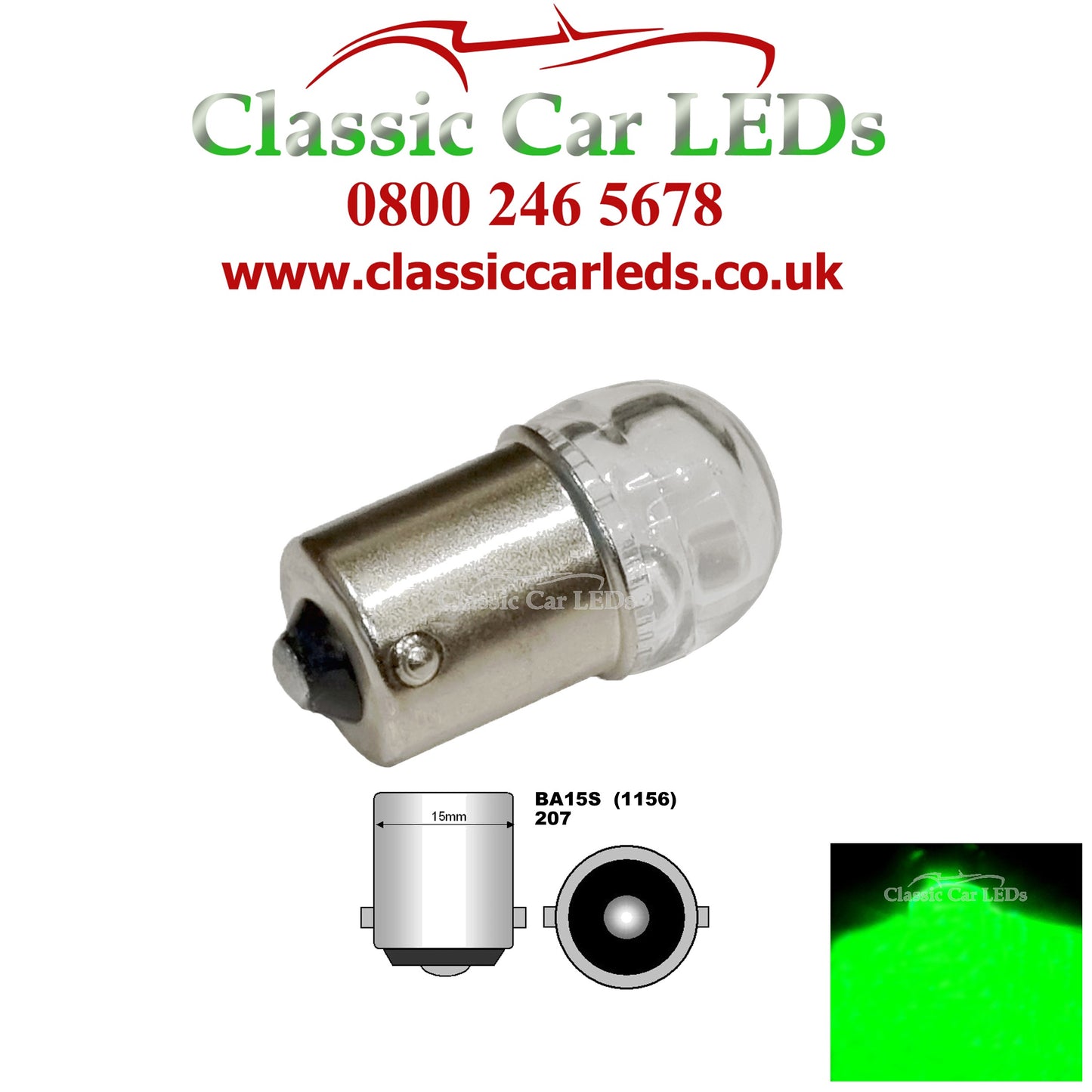 GLB207 BA15S GREEN R5W R10W LED UPGRADE BULB 15MM BAYONET FITTING SCC