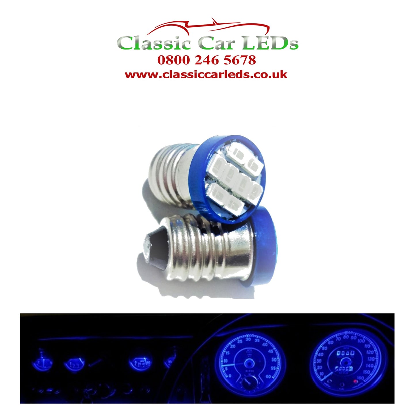 GLB987 E10MES Blue 8 SMD LED Flat Bulbs Dashboard / Gauge Lighting