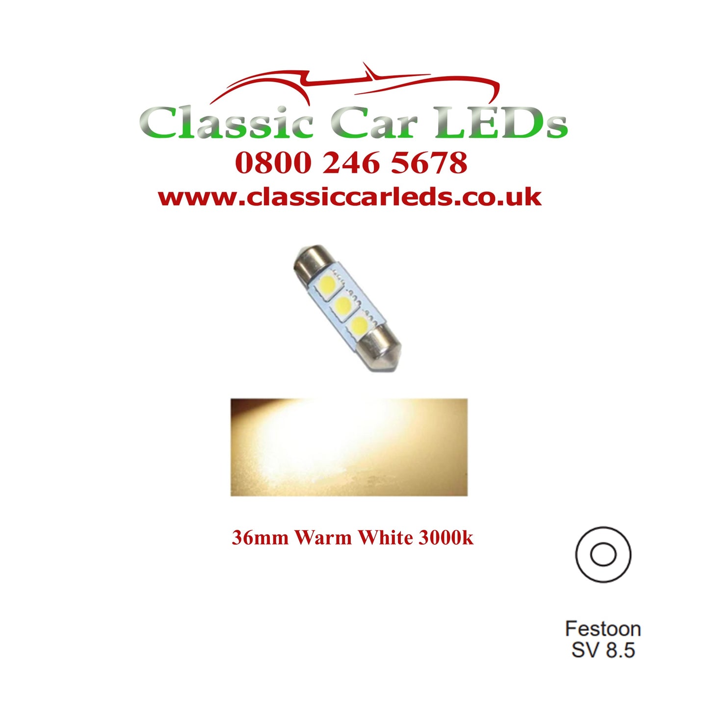 WARM WHITE INTERIOR COURTESY / NUMBER PLATE LED BULB GLB239 C5W 35 - 37 MM 12 VOLT FESTOON