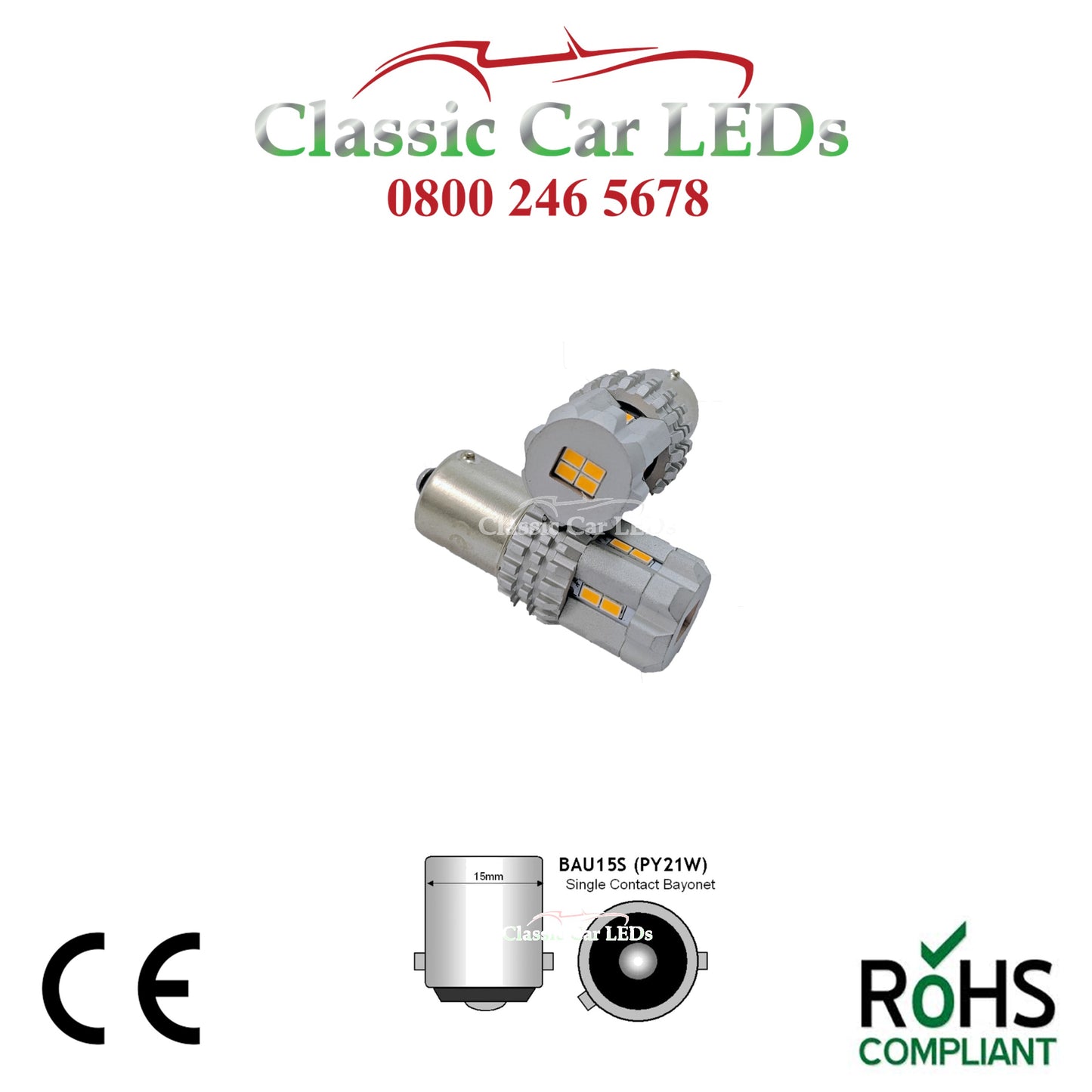 12 Volt BRIGHT AMBER LED INDICATOR BULB BAU15S PY21W GLB581