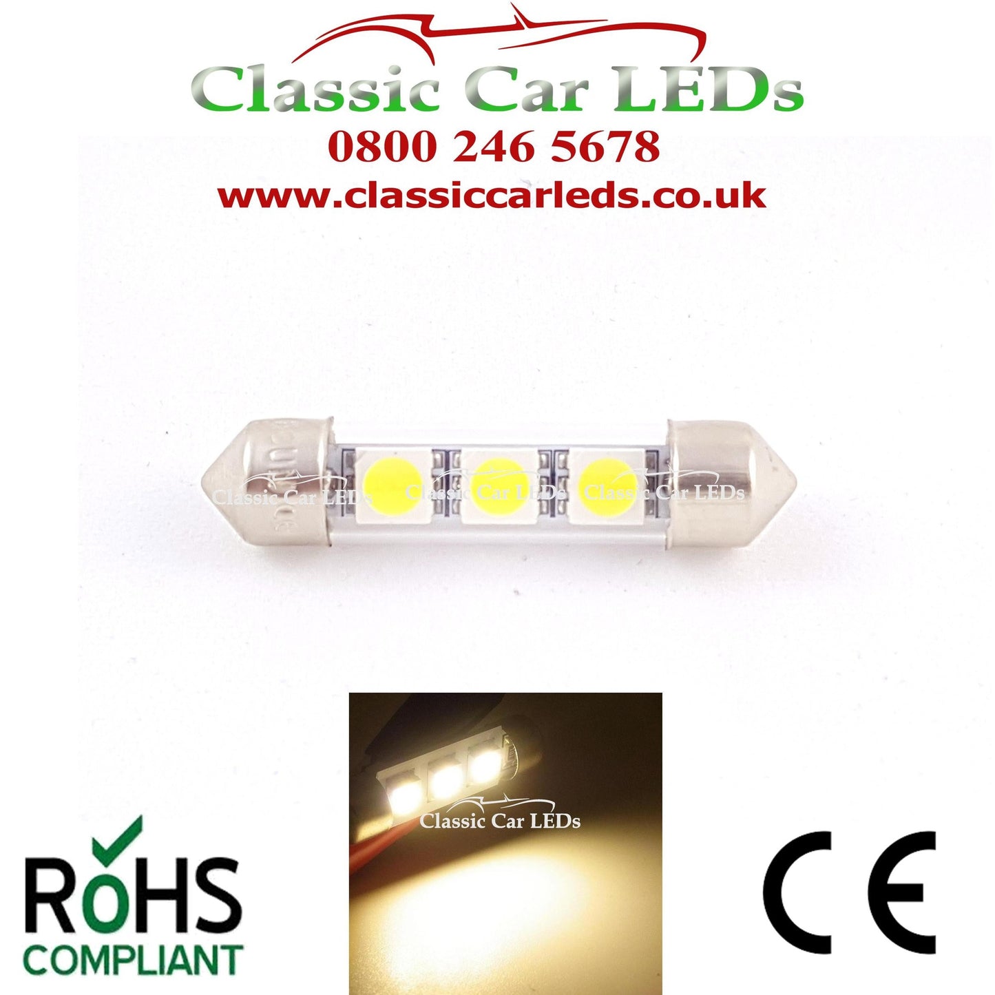 38 - 39 MM FESTOON WARM WHITE GLASS TUBE LED BULB GLB254 C5W