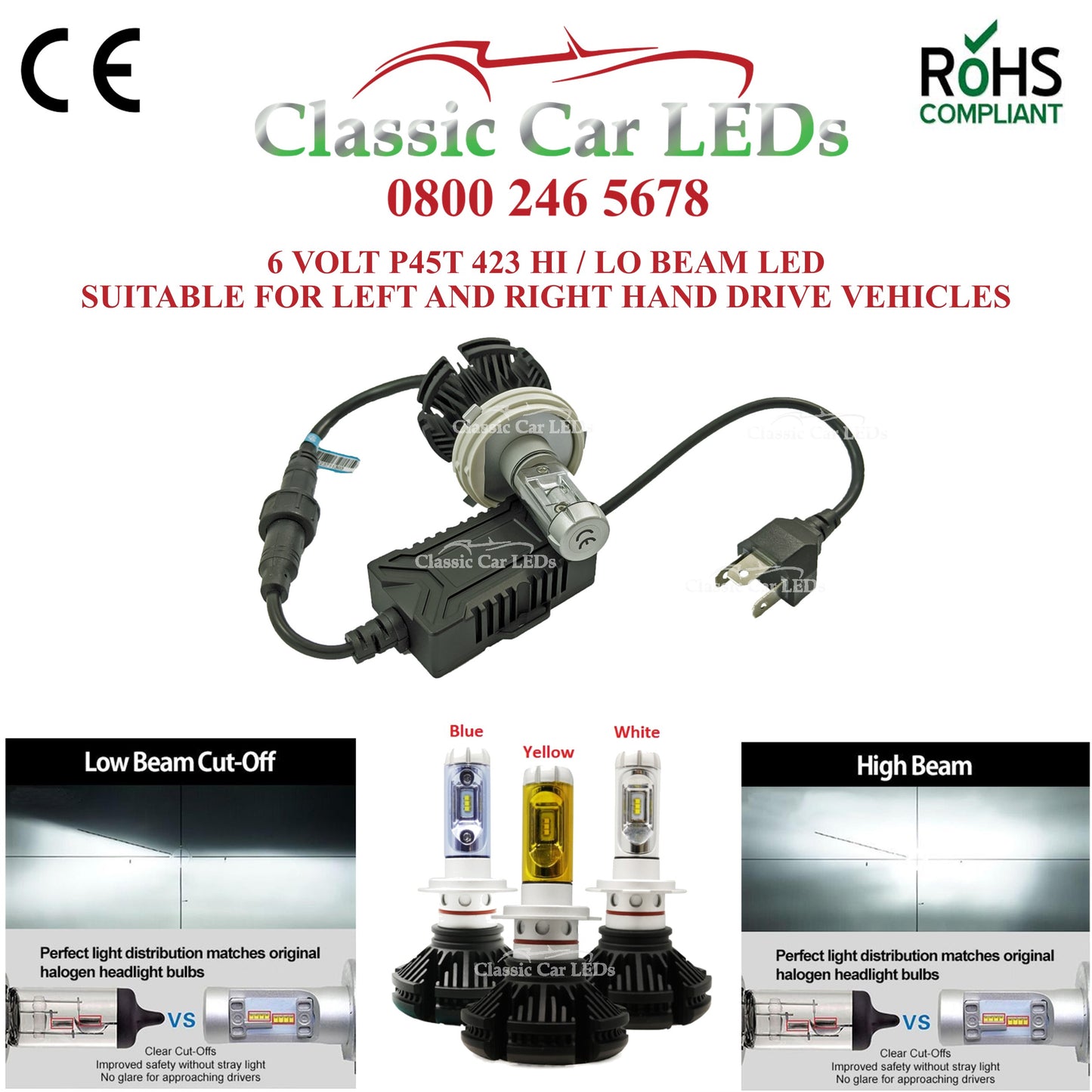 Motorcycle 6 VOLT LED Headlight P45T with colour options Hi/Lo Beam Conversion 423