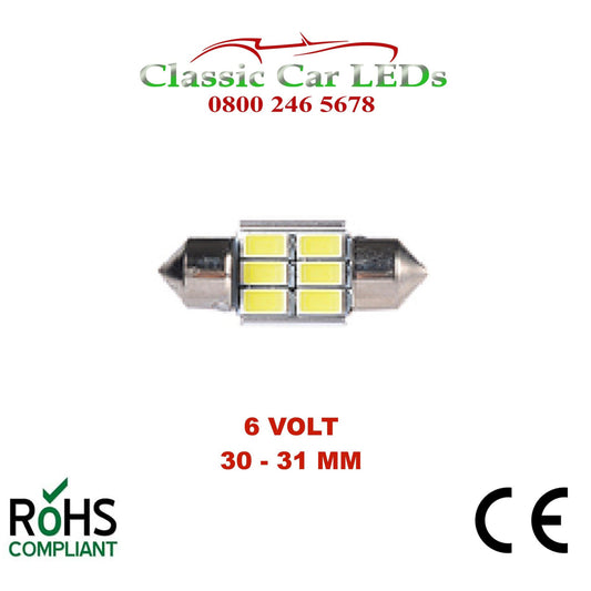 6 Volt 6V 30 - 31 MM FESTOON LED BULB 5630 6 SMD CLASSIC CAR MOTORBIKE SCOOTER