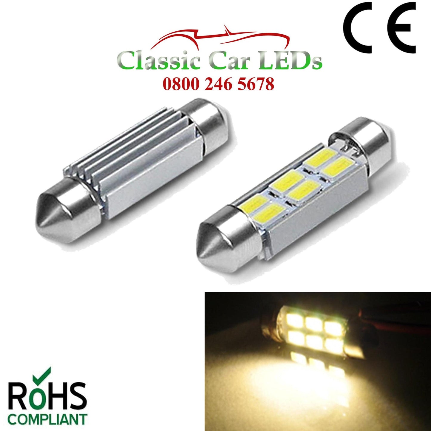 6 Volt Warm White 38 - 39 MM FESTOON LED BULB 5630 6 SMD CLASSIC CAR MOTORBIKE SCOOTER GLB253