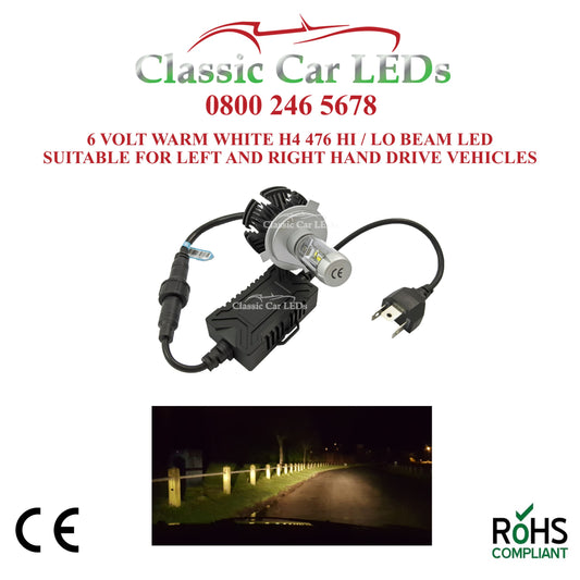 Motorcycle 6 VOLT LED Headlight H4 476 Classic Warm White Hi/Lo Beam Conversion 5-9V