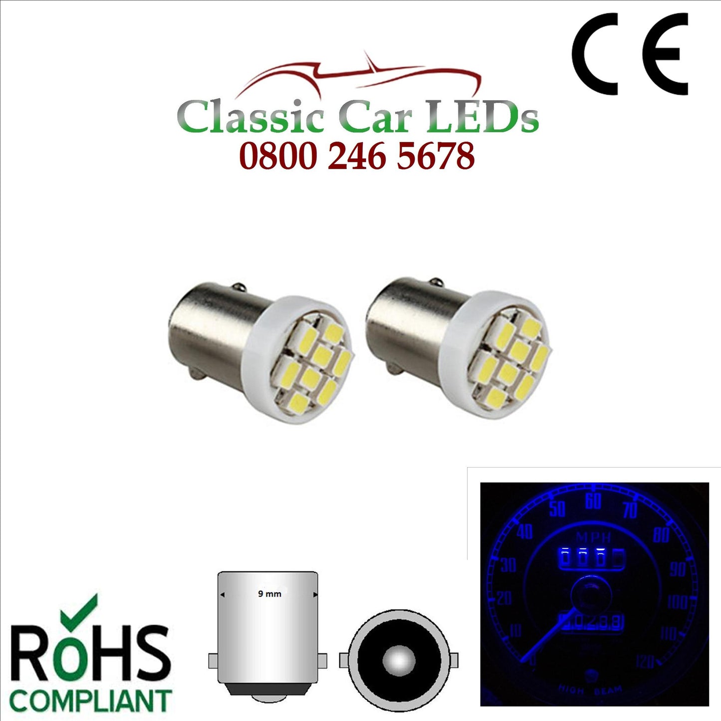 BA9S BLUE 56 LUMEN 8 SMD LED SIDELIGHT GAUGE BULB