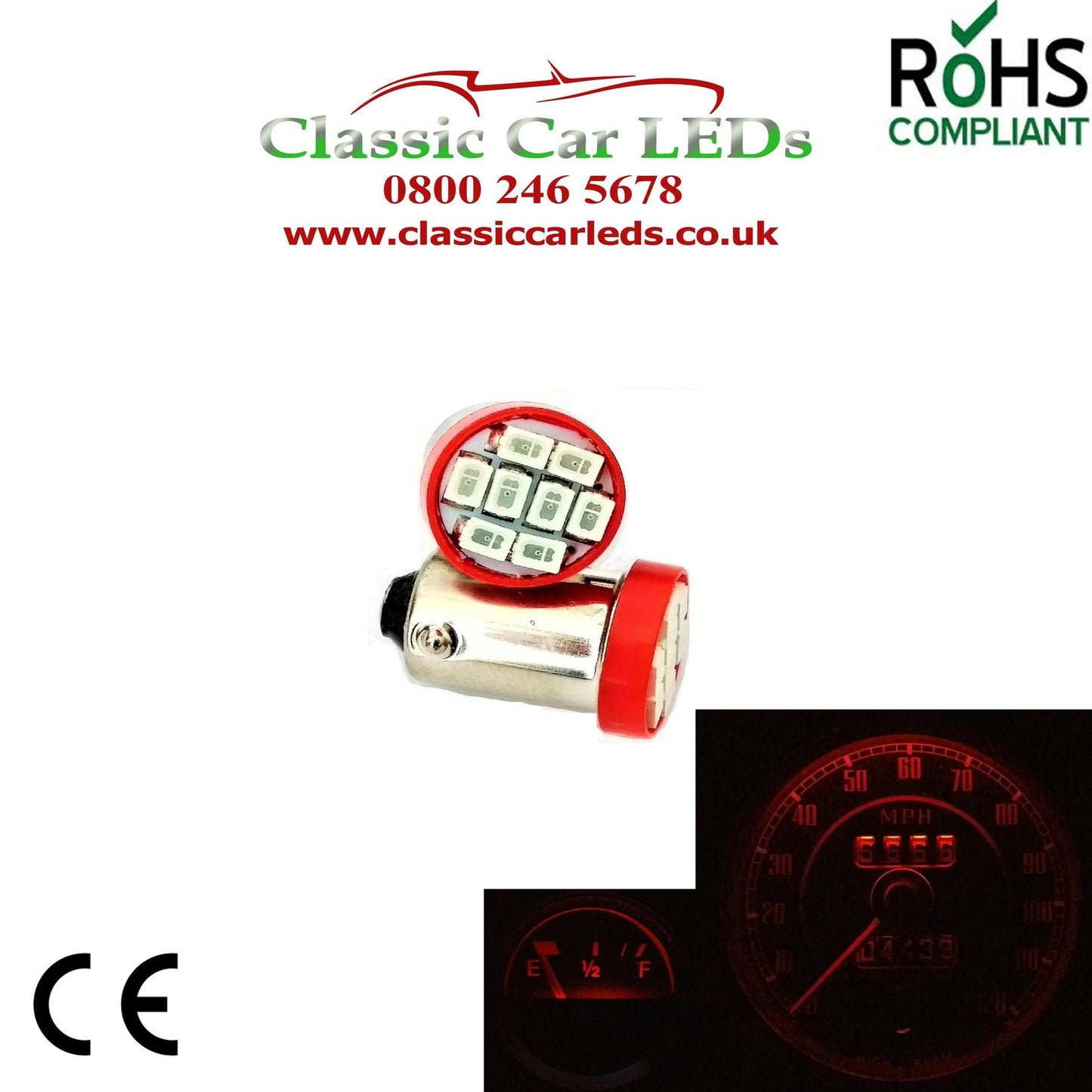 BA9S RED 56 LUMEN 8 SMD LED SIDELIGHT GAUGE BULB 989 233