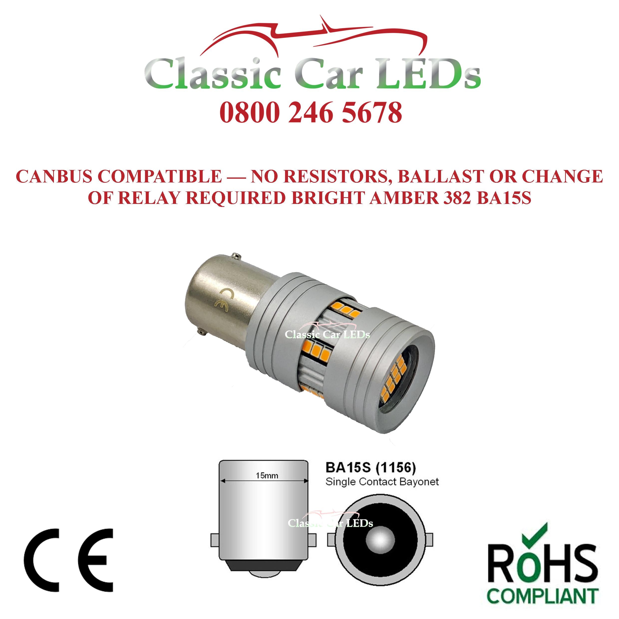 1x Canbus BRIGHT AMBER LED INDICATOR BULBS BA15S P21W GLB382 No Hyperflash  – Classic Car LEDs Ltd