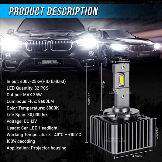 D1S HID to LED Conversion Kit 9600LM 6000k Daylight White - Replacement for OEM HID Zenon