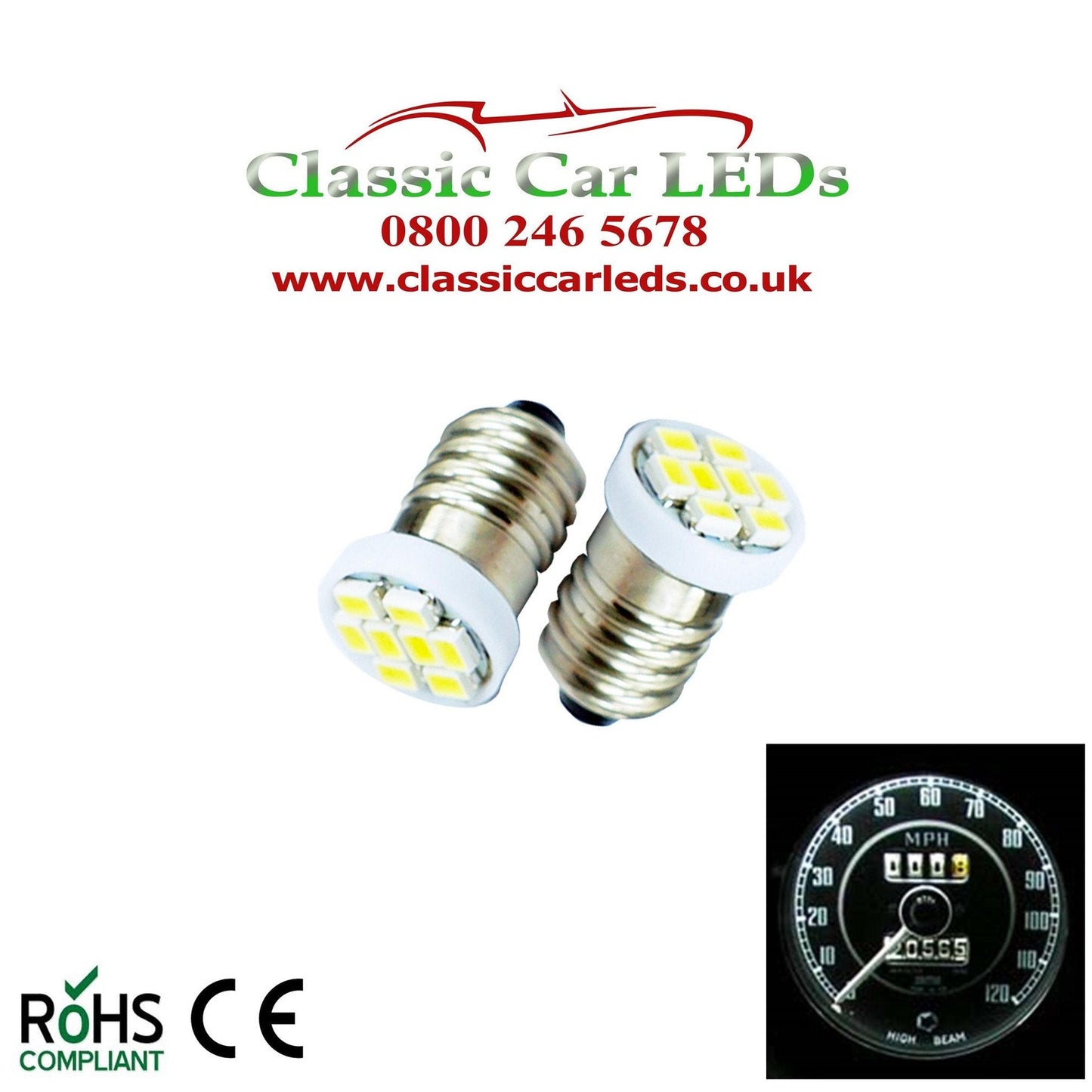 GLB987 E10MES 64 Lumen 8 SMD LED White Bulbs Dashboard / Gauge Lighting