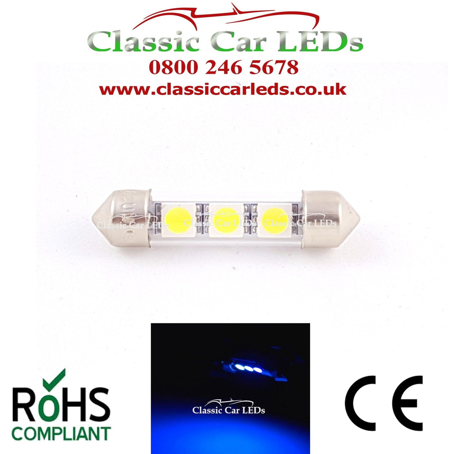 BLUE INTERIOR COURTESY / NUMBER PLATE LED BULB GLB239 GLB254 C5W 35 - 37 MM 12 VOLT FESTOON