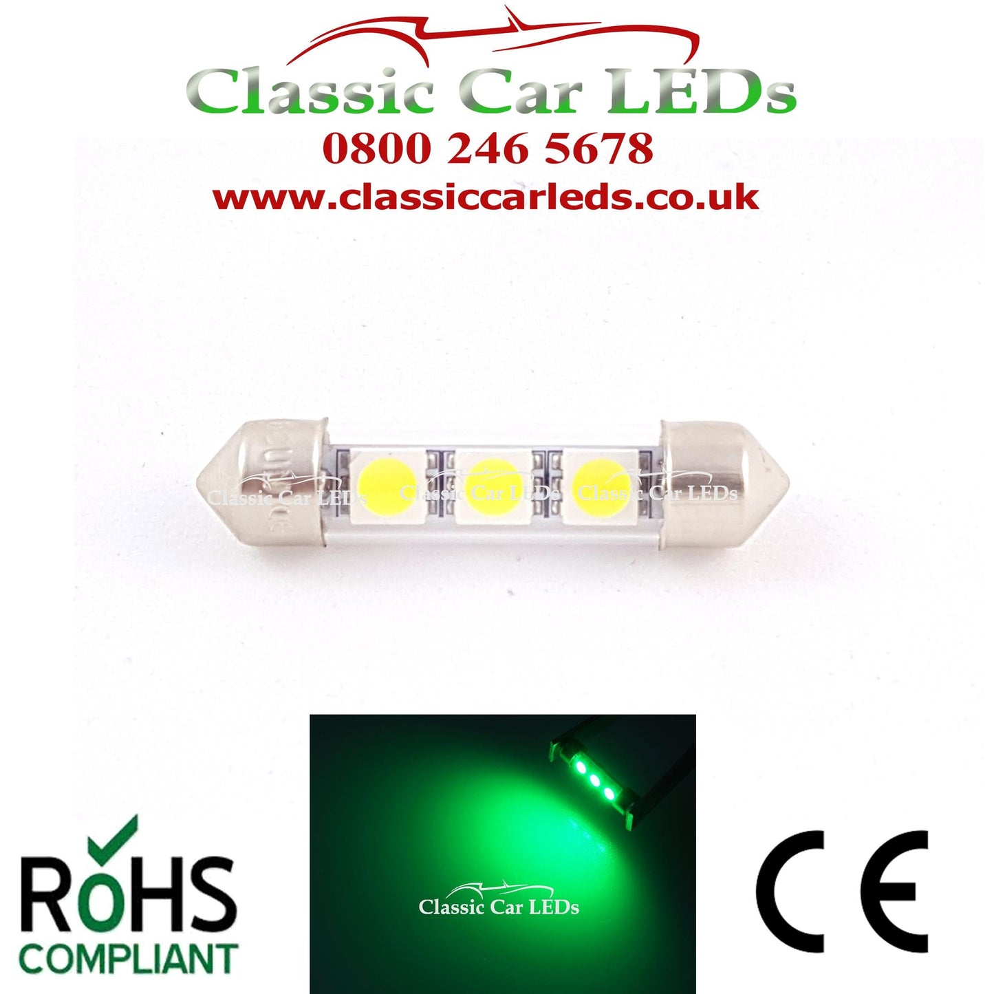 38 - 39 MM FESTOON GREEN GLASS TUBE LED BULB GLB254 C5W