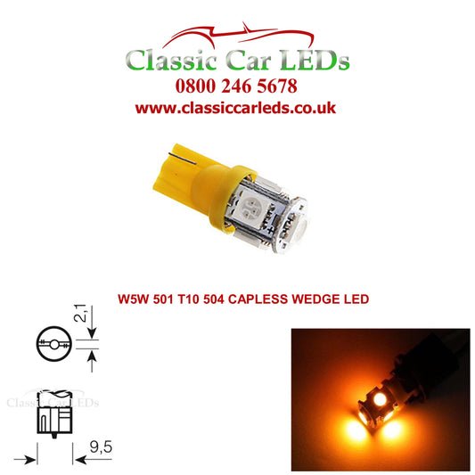 GLB501 T10 W5W 5050 LED Capless Yellow Wedge Bulb Classic Car Gauge Sidelight