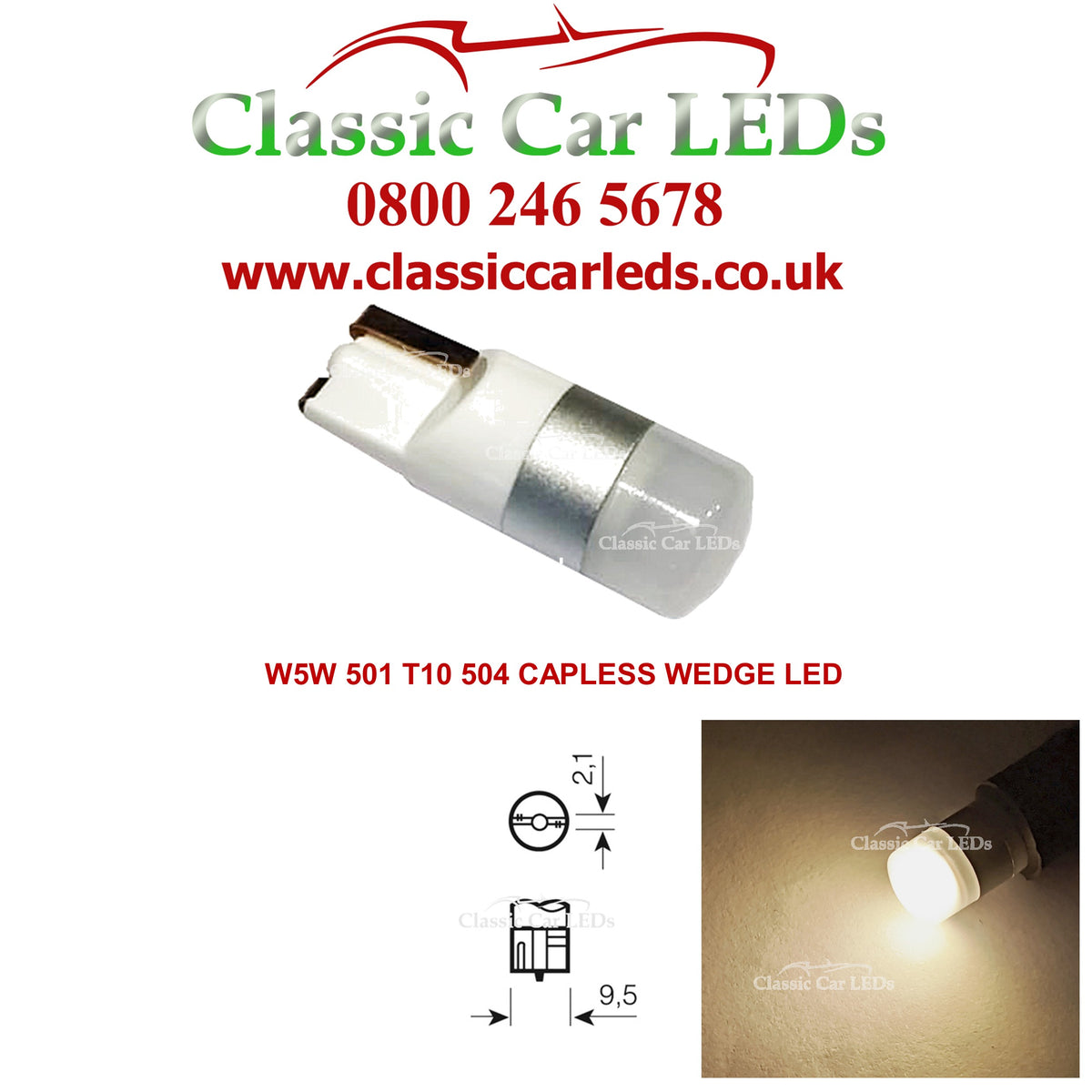GLB501 T10 LED Warm White Capless Wedge Bulb Sidelight Number Plate Interior