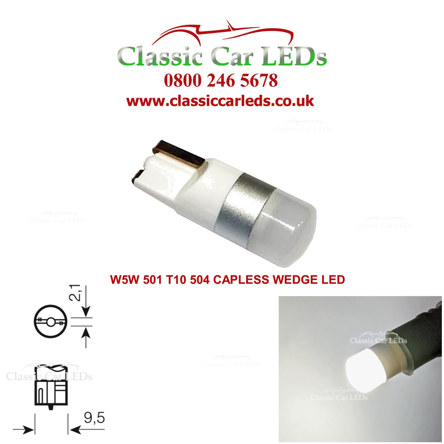 GLB501 T10 LED Bright White Capless Wedge Bulb Sidelight Number Plate Interior