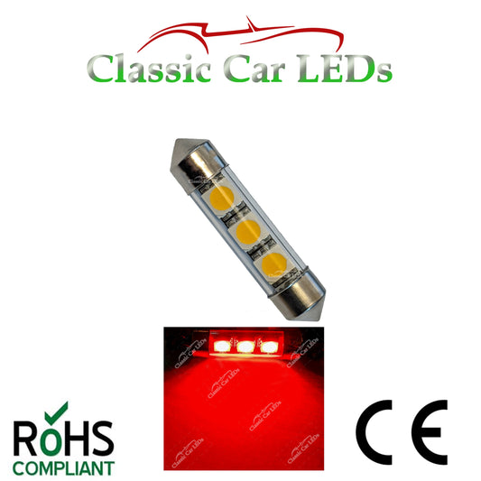 38 - 39 MM FESTOON BRIGHT RED GLASS TUBE LED BULB GLB254 C5W