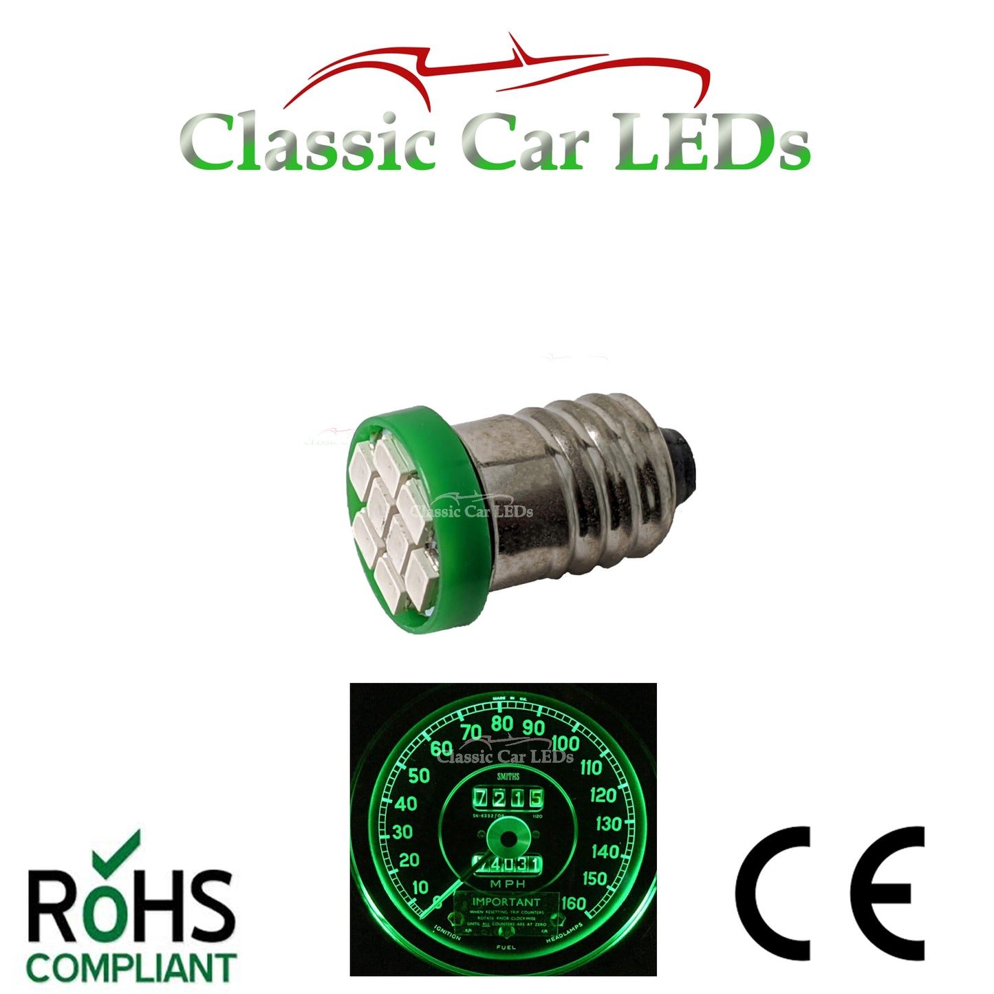 GLB987 E10MES Green 8 SMD LED Flat Bulbs Dashboard / Gauge Lighting