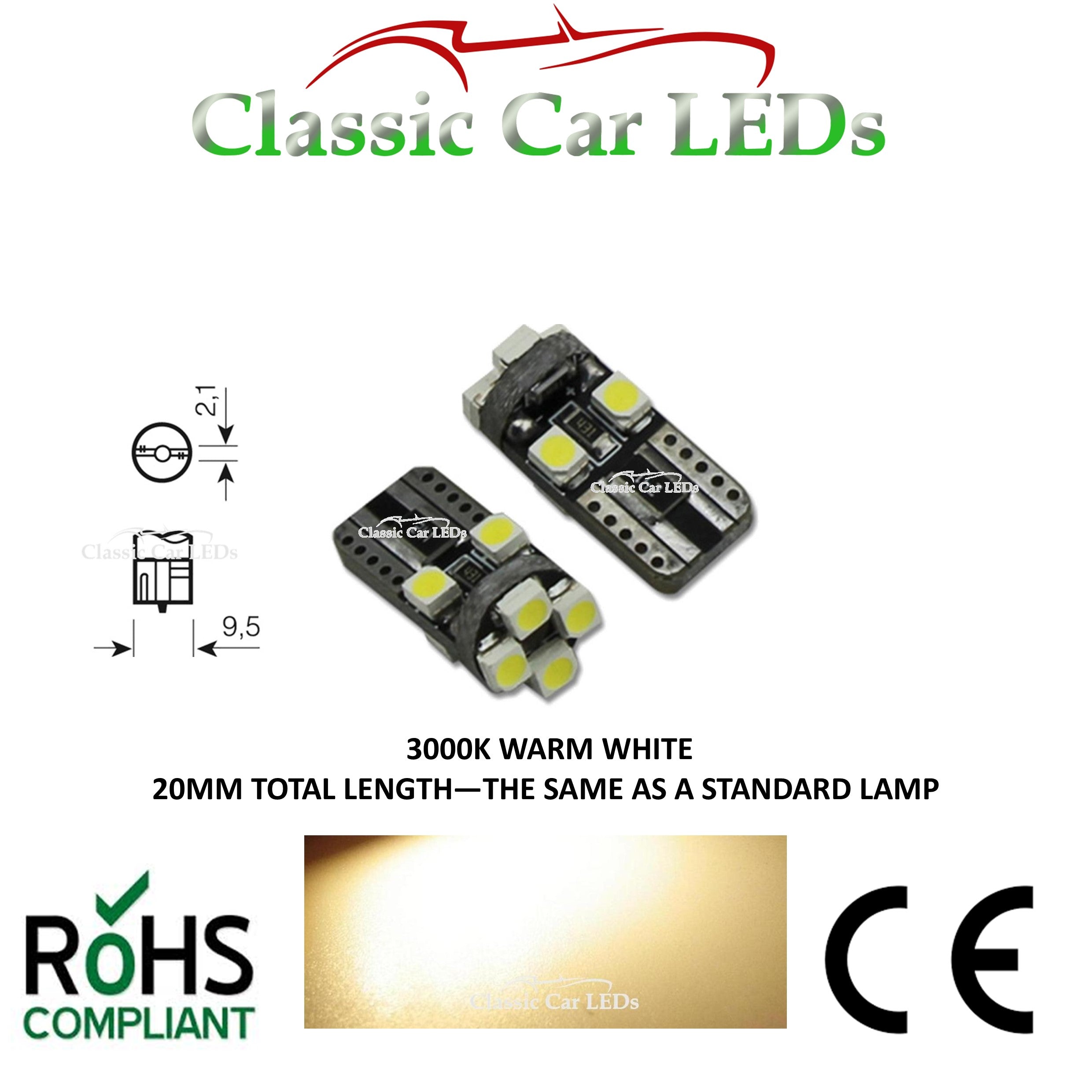 20MM LENGTH T10 LED ERROR FREE CANBUS 8 SMD WARM WHITE W5W 501 – Classic  Car LEDs Ltd