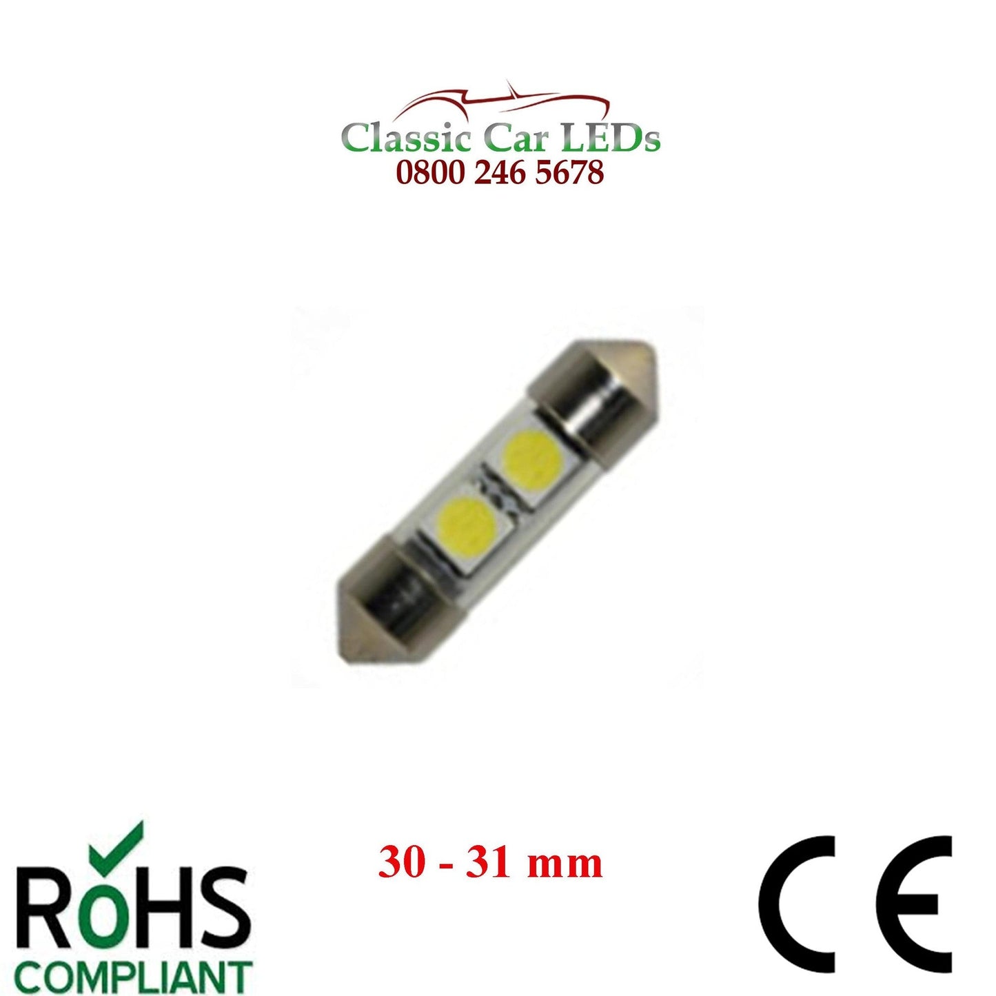 30 - 31 MM FESTOON WHITE TUBE LED BULB GLB269 C5W CLASSIC VINTAGE CAR MOTORCYCLE