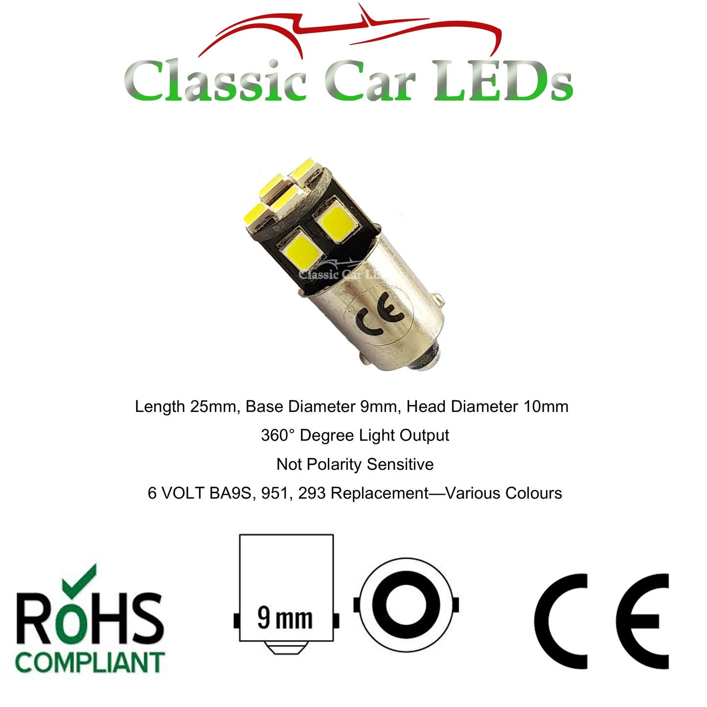 6V BA9S CLASSIC CAR MOTORCYCLE SCOOTER LED BULB GLB951 GLB293 NO POLARITY - VARIOUS COLOURS