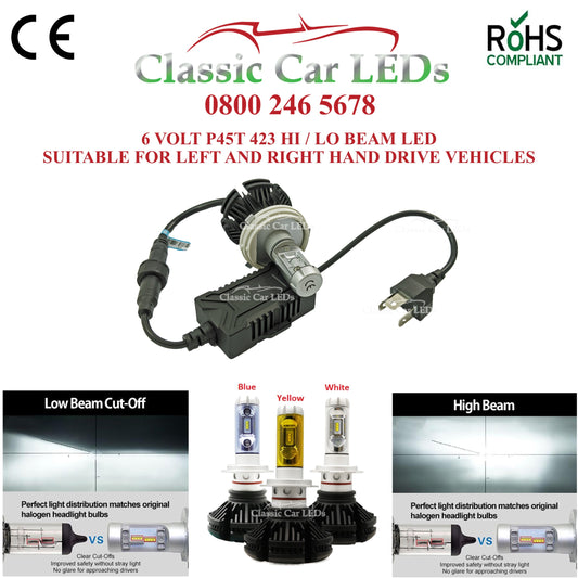 Motorcycle 6 VOLT LED Headlight P45T with colour options Hi/Lo Beam Conversion 423