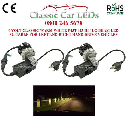 Pair of 6 VOLT LED Headlights P45T CLASSIC WARM WHITE / YELLOW Hi/Lo Beam Conversion 423