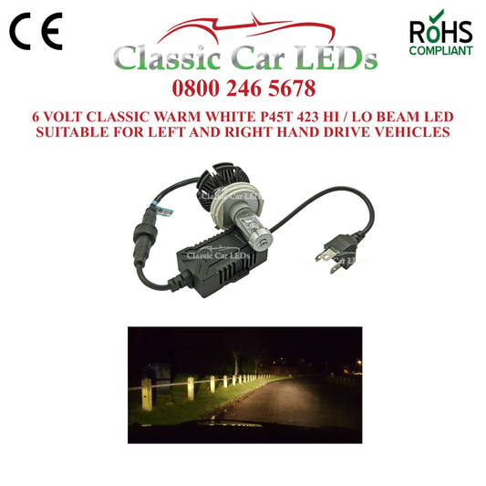 Motorcycle 6 VOLT LED Headlight P45T CLASSIC WARM WHITE Hi/Lo Beam Conversion 423