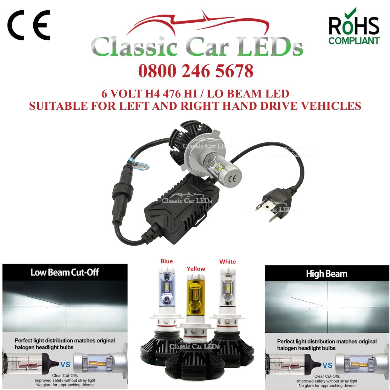 Motorcycle 6 VOLT LED Headlight H4 476 with colour options Hi/Lo Beam Conversion 5-9V