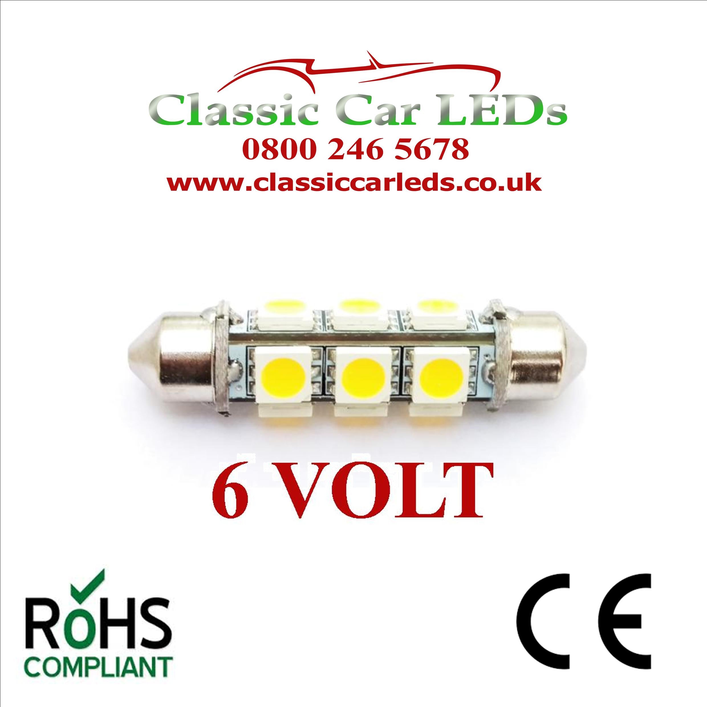 2x 41mm 6 SMD LED Festoon Bulbs – White, For Interior & License Plate (Universal Fit)