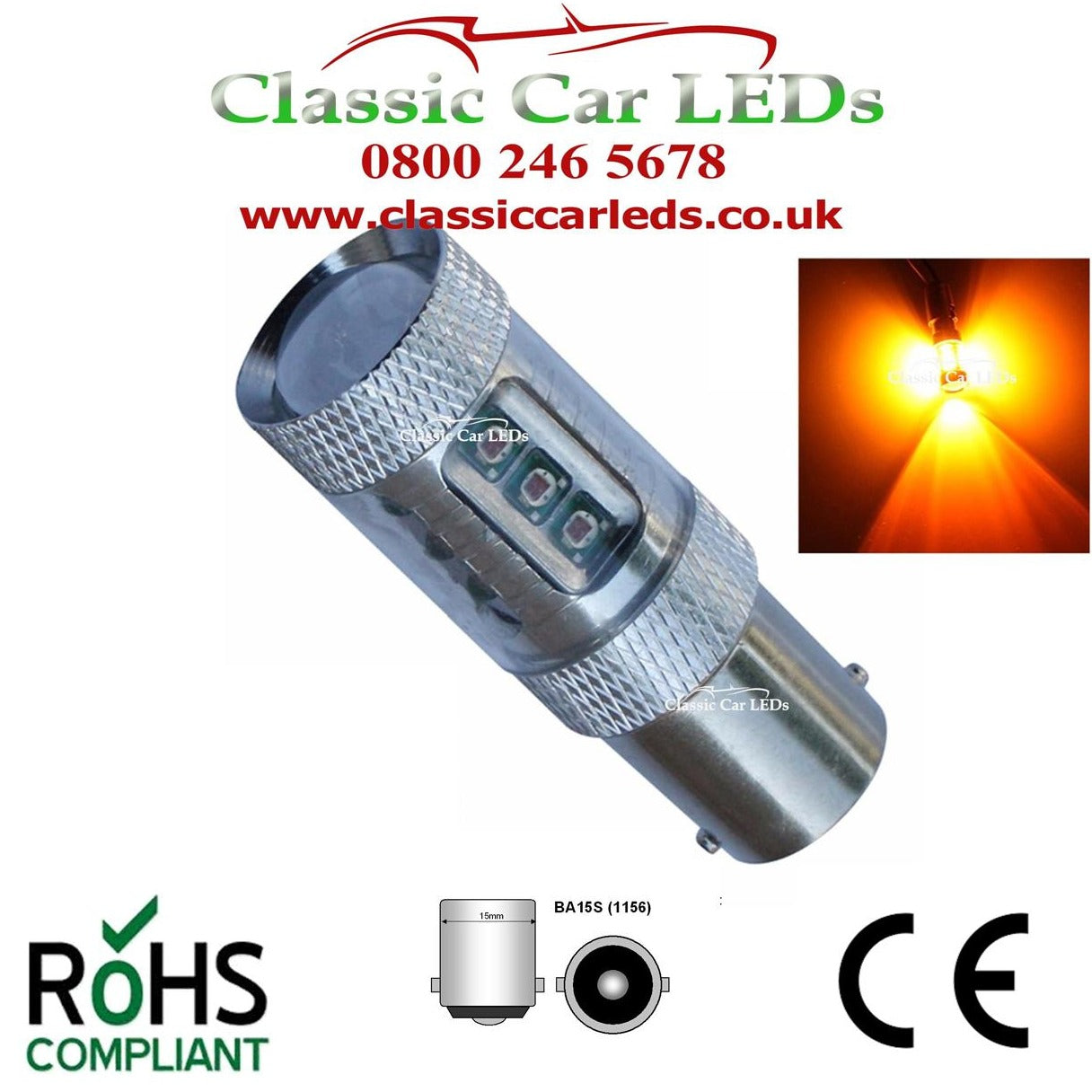 80W BRIGHT AMBER LED INDICATOR BULB BA15S P21W GLB382