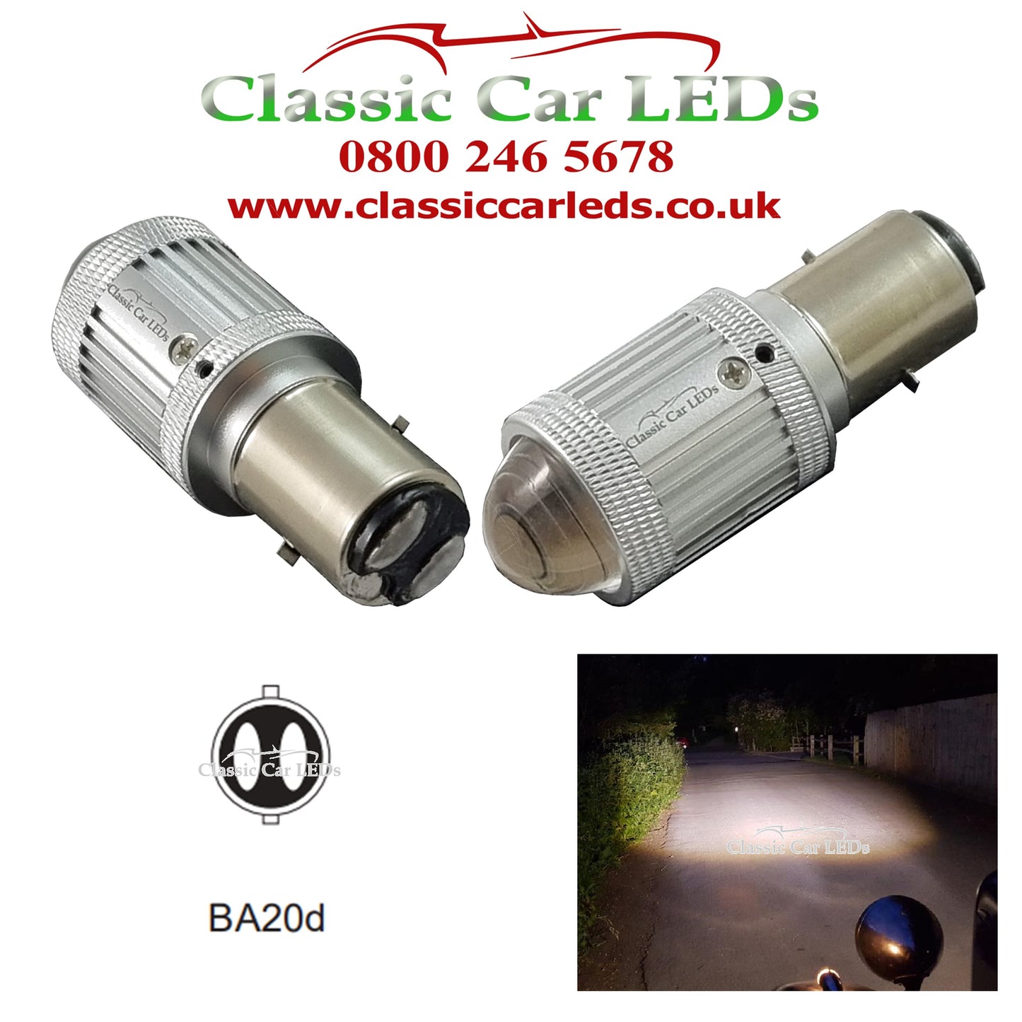 BA20D LED Headlight Upgrade 1047, 1048, 1052, 392, 393, 394 6V, 12V and 24V DC Negative or Positive Earth Great Beam Strength and Pattern