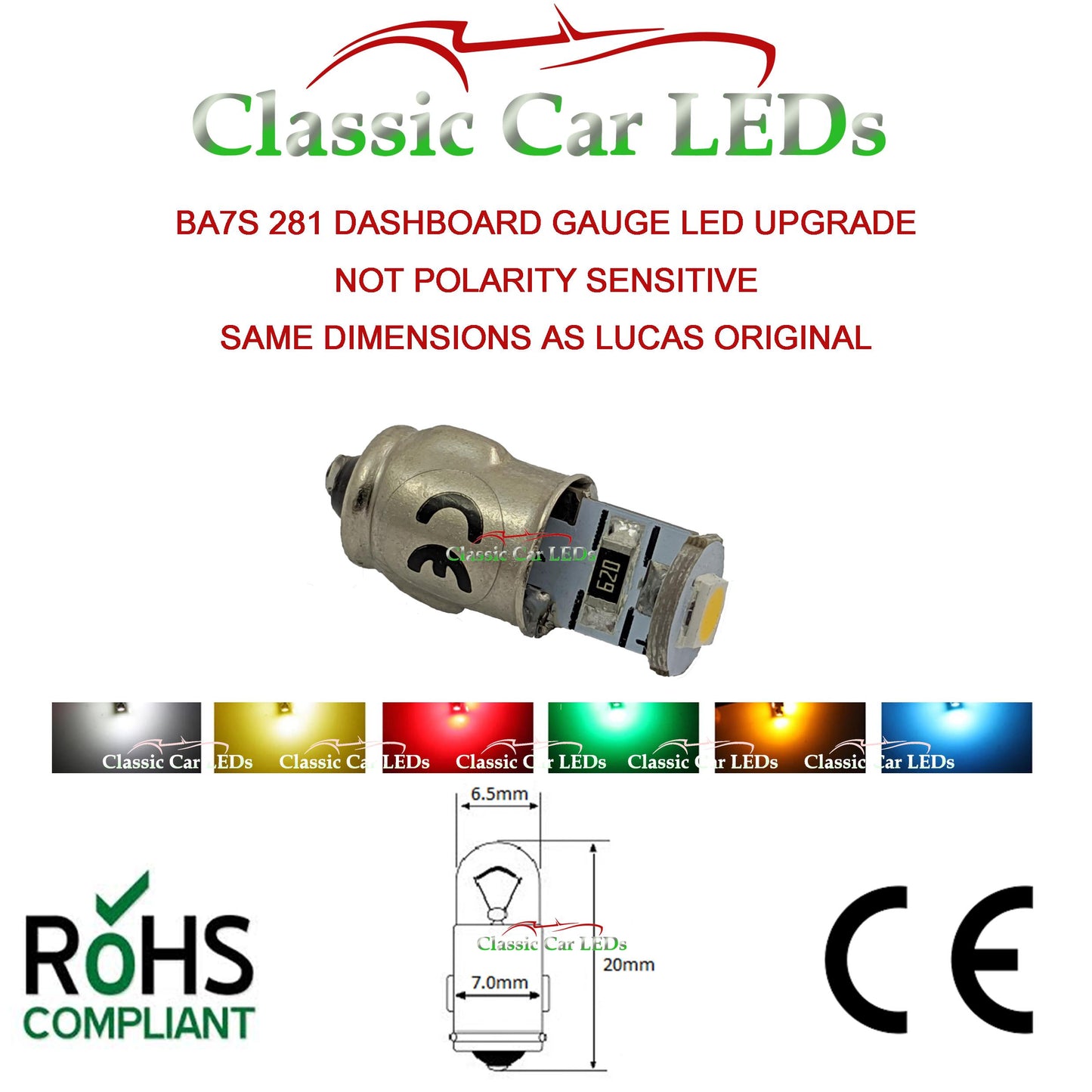 BA7S 281 MCC LED DASHBOARD WARNING SWITCH BULB - VARIOUS COLOURS