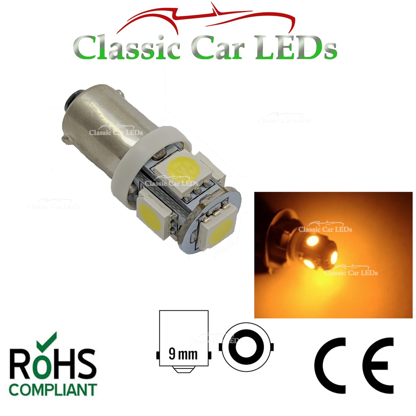 6 VOLT BA9S 9 MM AMBER YELLOW LED SIDELIGHT DASH GAUGE BULB