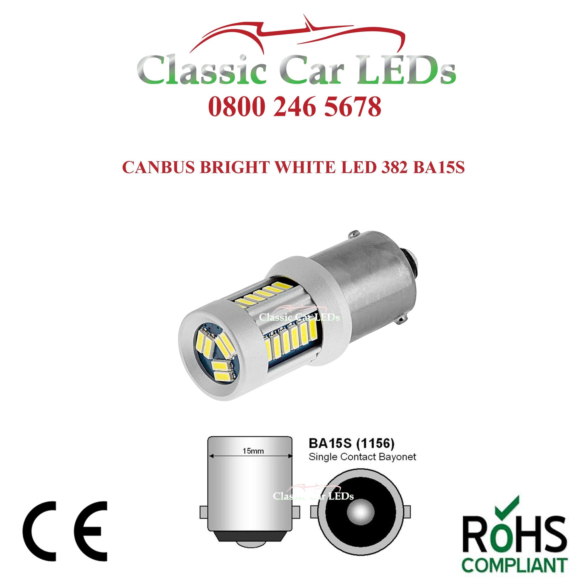 12V BA15S WHITE 21W LED 4014 SMD BULB CLASSIC / CANBUS P21W GLB382 –  Classic Car LEDs Ltd