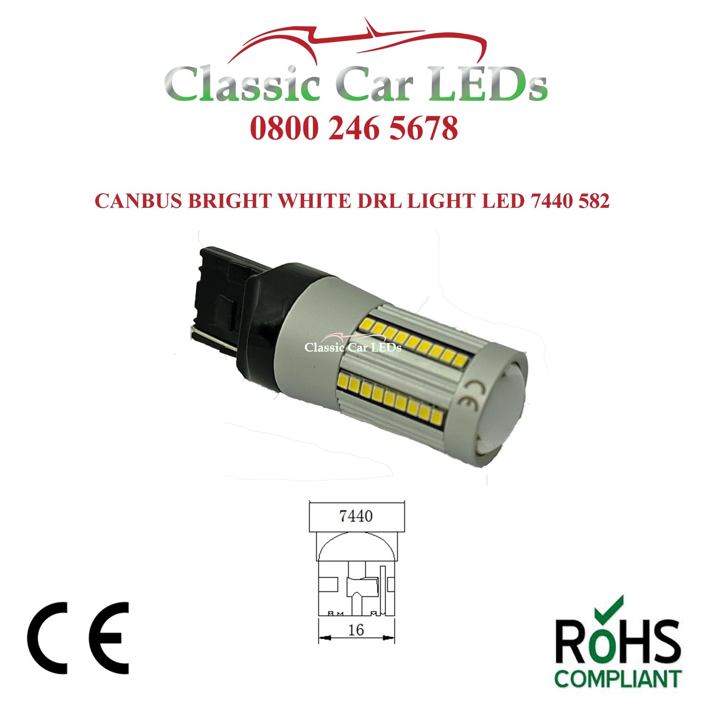 1 x Strong Canbus Daylight Running DRL Reverse White LED 7440 W21W T20 582  – Classic Car LEDs Ltd