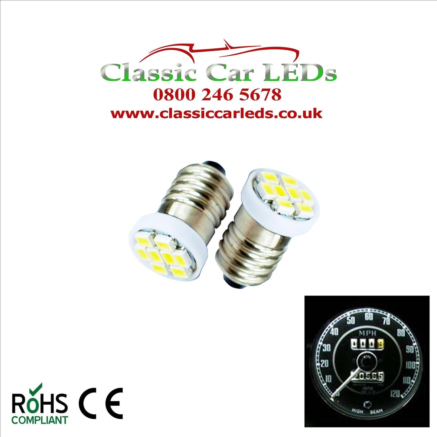 GLB987 E10MES 48 Lumen 8 SMD LED White Bulbs Dashboard / Gauge Lighting