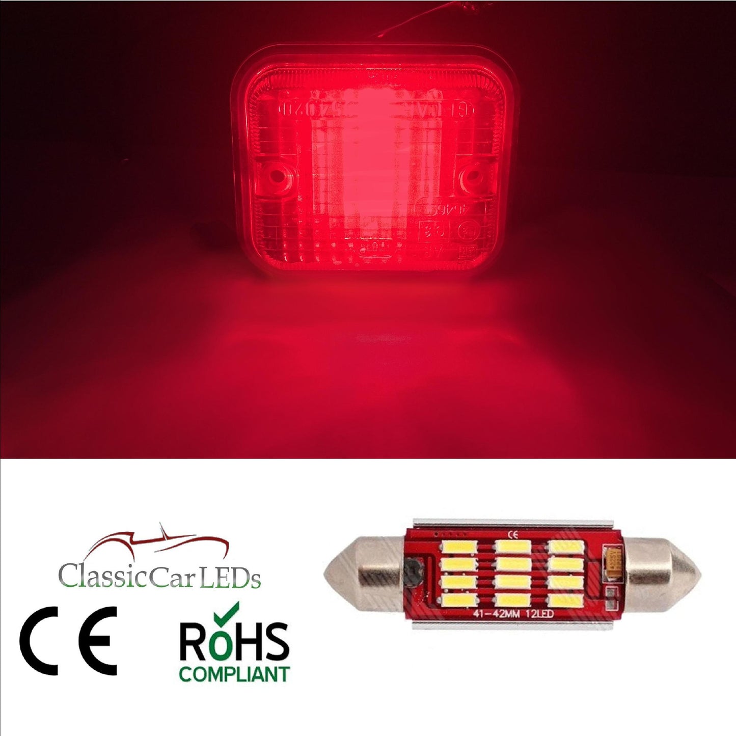 CLASSIC CAR LED RED FOG STOP BRAKE LIGHT BULB GLB273 4014 SMD 12 LED 42mm 270