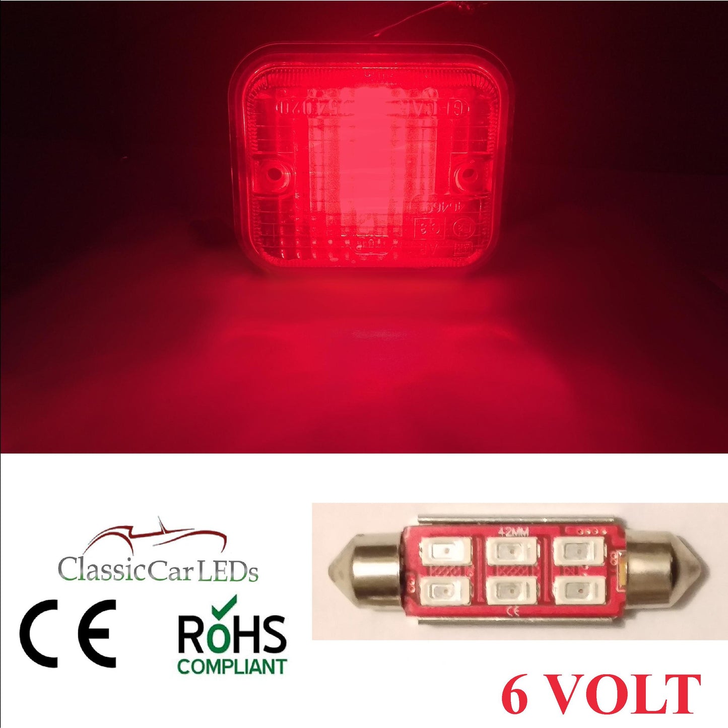 6 Volt 6V 42MM RED FESTOON LED BULB 5630 6 SMD CLASSIC CAR MOTORBIKE SCOOTER GLB273