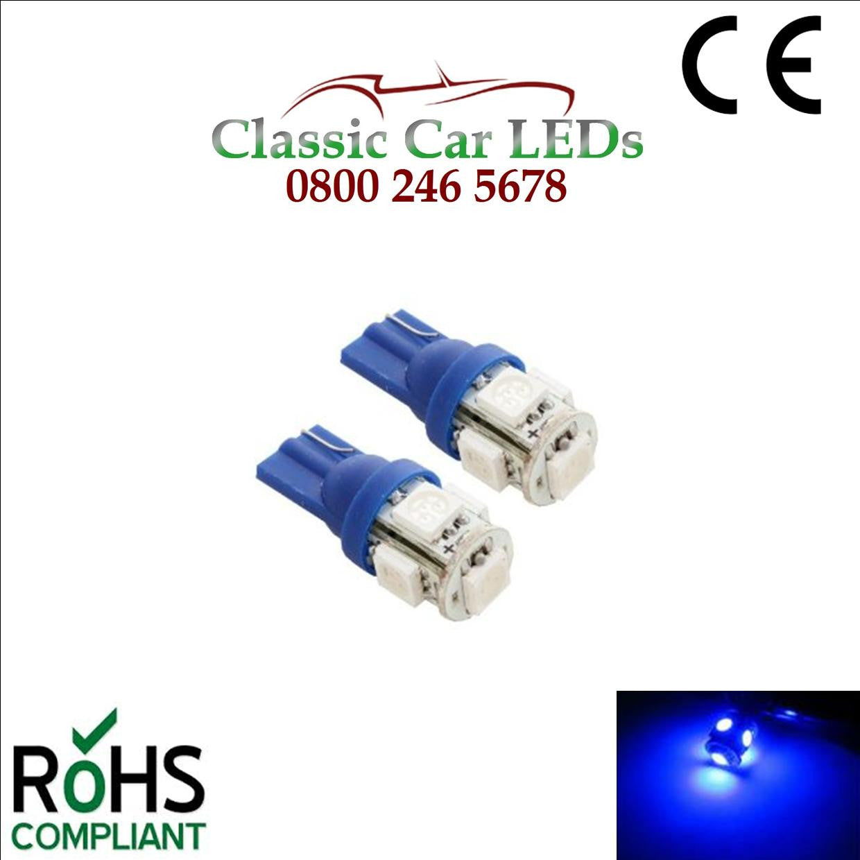 GLB501 T10 5050 LED Capless Blue Wedge Bulb Classic Car Gauge Sidelight W5W