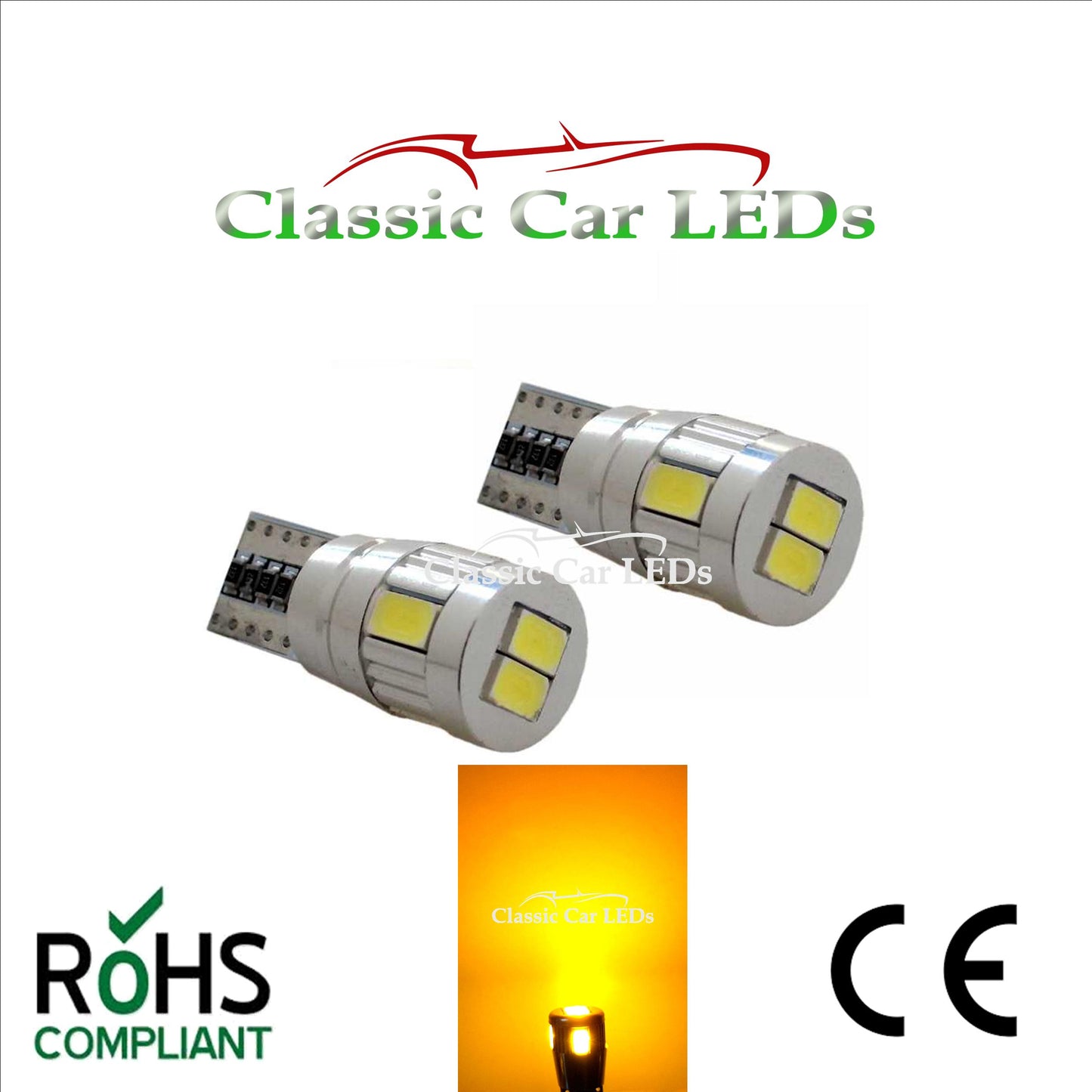 T10 CAR BULB LED ERROR FREE CANBUS 6 SMD YELLOW / AMBER W5W 501 SIDE MARKER REPEATER