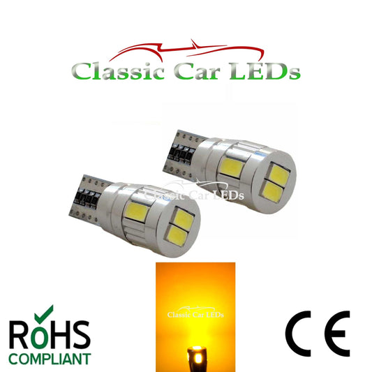 T10 CAR BULB LED ERROR FREE CANBUS 6 SMD YELLOW / AMBER W5W 501 SIDE MARKER REPEATER