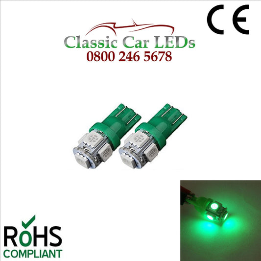 GLB501 T10 W5W 5050 LED Capless Green Wedge Bulbs Classic Car Gauge Sidelight