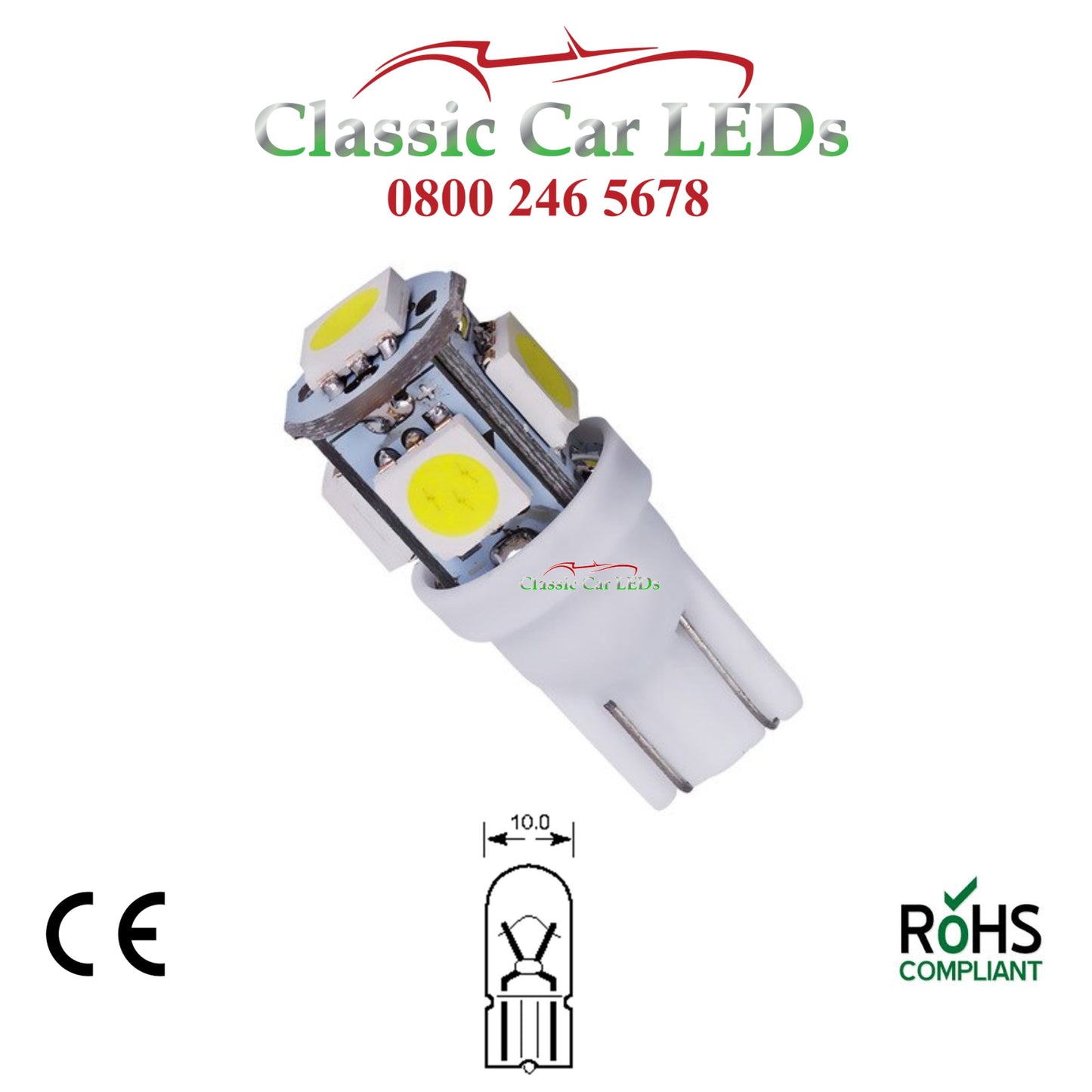 GLB501 504 T10 5050 LED Capless White Wedge Bulb Classic Car Gauge Sidelight W5W