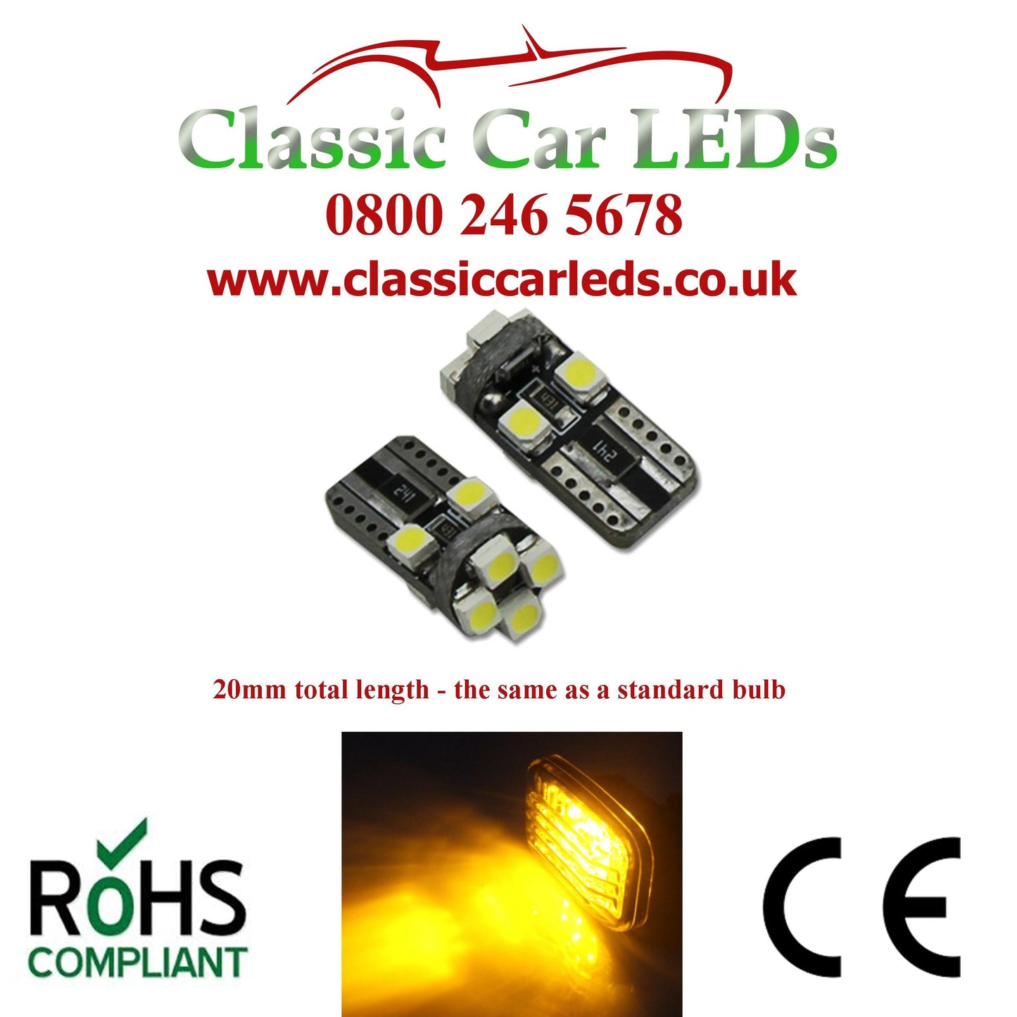T10 LED ERROR FREE CANBUS 8 SMD YELLOW / AMBER W5W 501 SIDE MARKER REPEATER