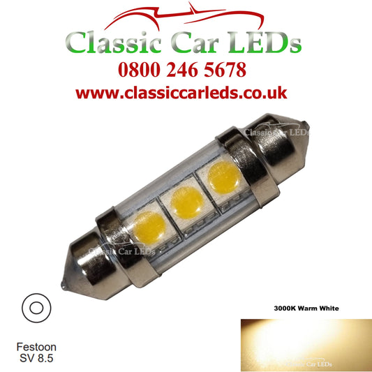 6 Volt 39mm Warm White Festoon Interior, Sidelight, Tail, Number Plate