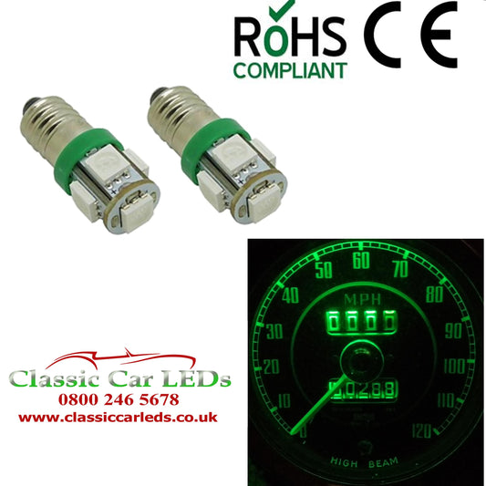 24 Volt GLB993 E10MES Green 5 SMD LED Bulbs Dashboard / Gauge Lighting