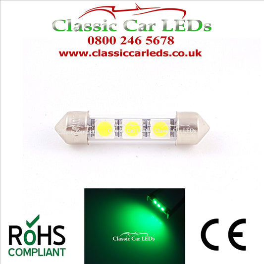 38 - 39 MM FESTOON GREEN GLASS TUBE LED BULB GLB254 C5W