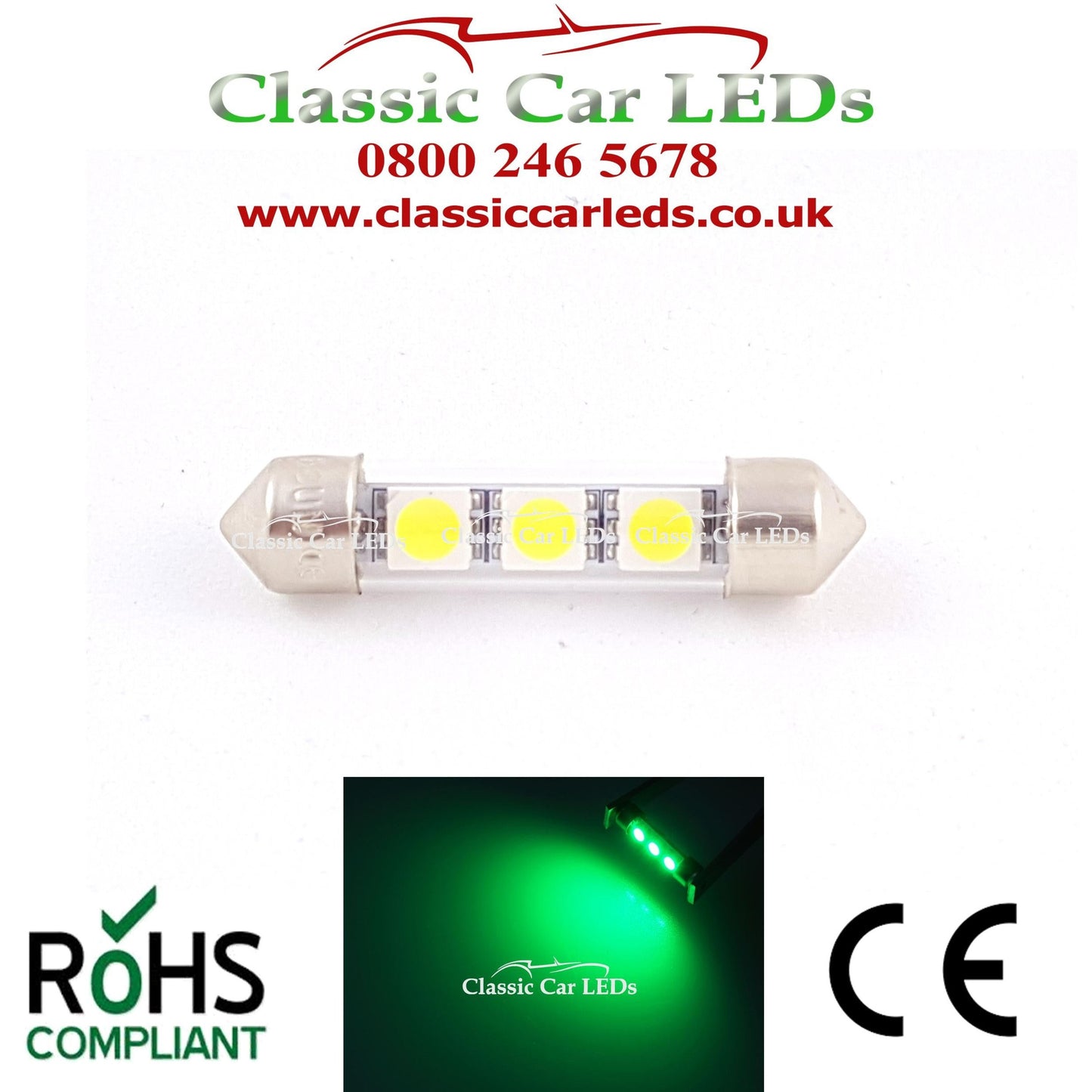 GREEN INTERIOR COURTESY  / NUMBER PLATE LED BULB GLB239 GLB254 C5W 35 - 37 MM 12 VOLT FESTOON