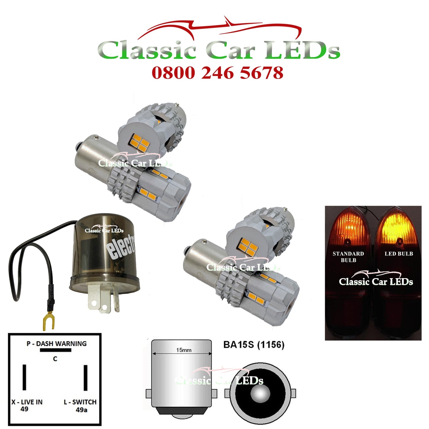 BRIGHT AMBER LED INDICATOR BULB KIT AND RELAY BA15S GLB382